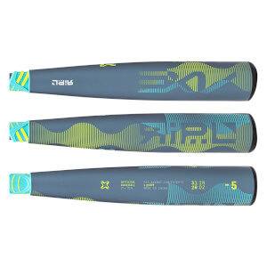 Side view of three grey/blue baseball bats with neon yellow/green wavy patterns, AXE RIPL branding, and size details.