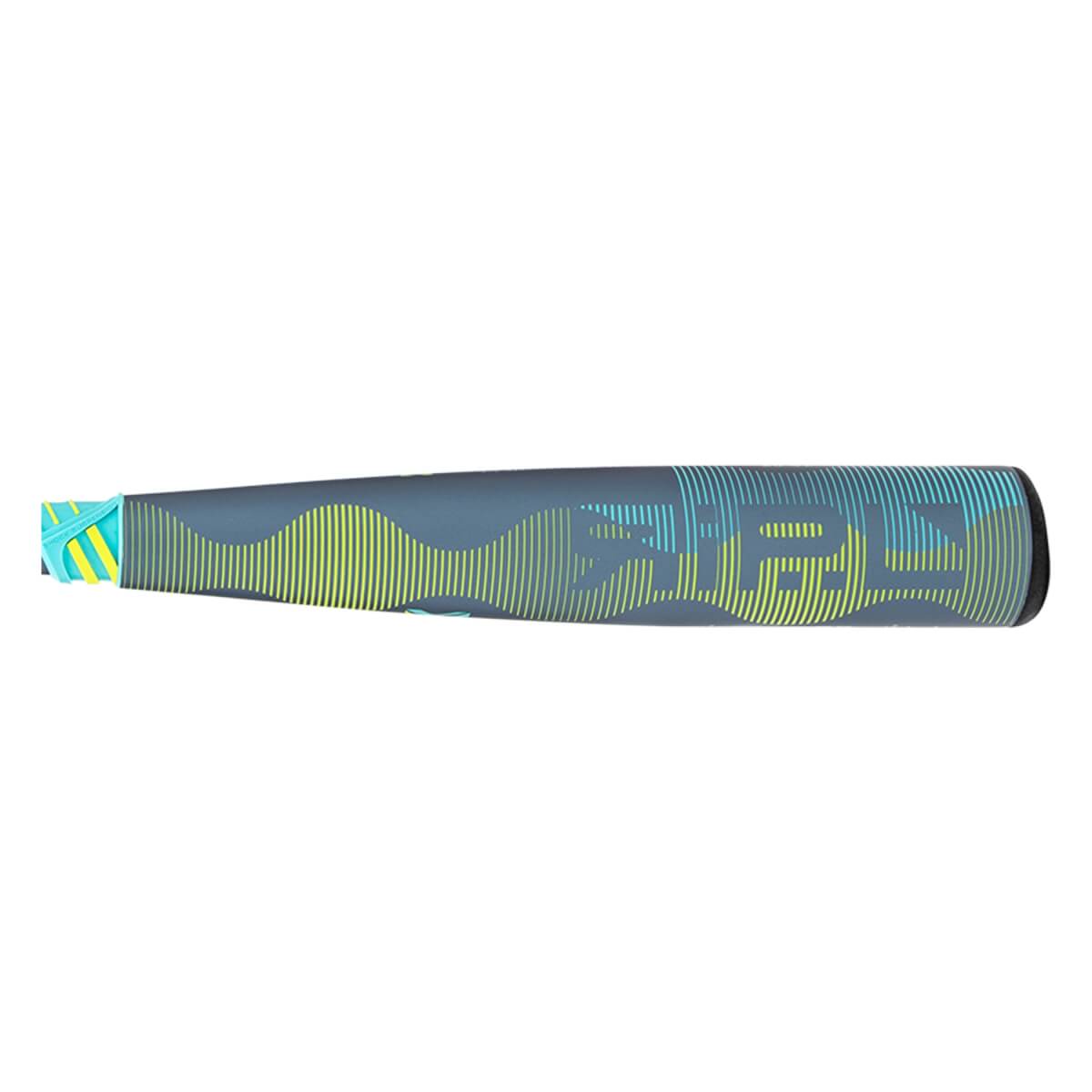 Side view of a dark gray baseball bat with yellow and light blue wavy lines and RIPL printed on the barrel.