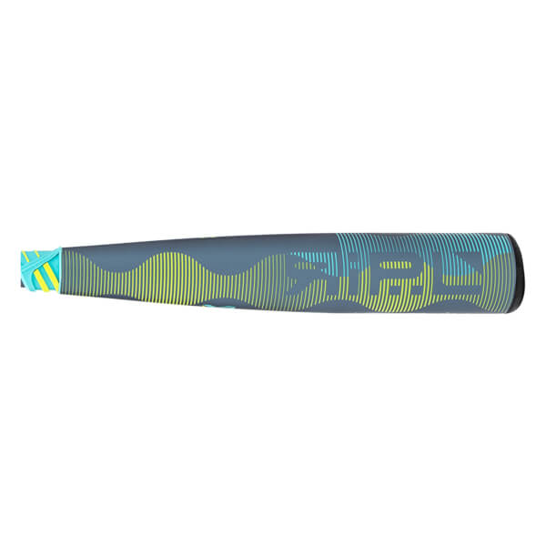 Side view of a dark gray baseball bat with yellow and light blue wavy lines and RIPL printed on the barrel.