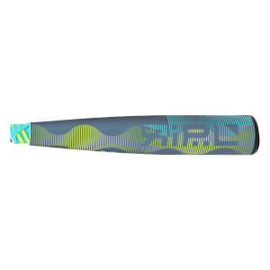 Side view of a dark gray baseball bat with yellow and light blue wavy lines and RIPL printed on the barrel.