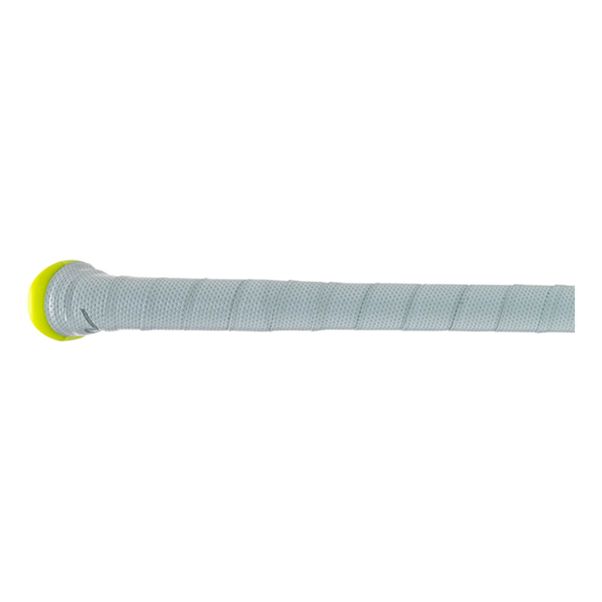 Side view of a gray baseball bat handle with textured grip tape and a bright yellow knob.