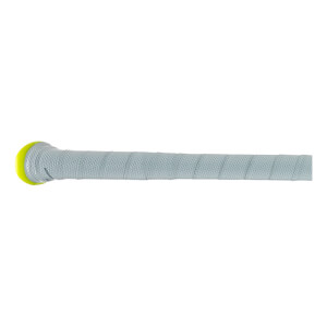Side view of a gray baseball bat handle with textured grip tape and a bright yellow knob.