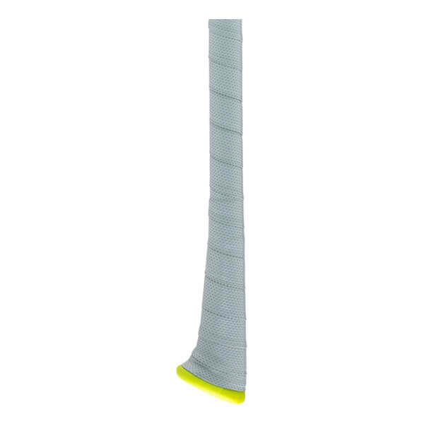 Close-up of a light gray baseball bat grip with a textured spiral wrap and a bright yellow knob.