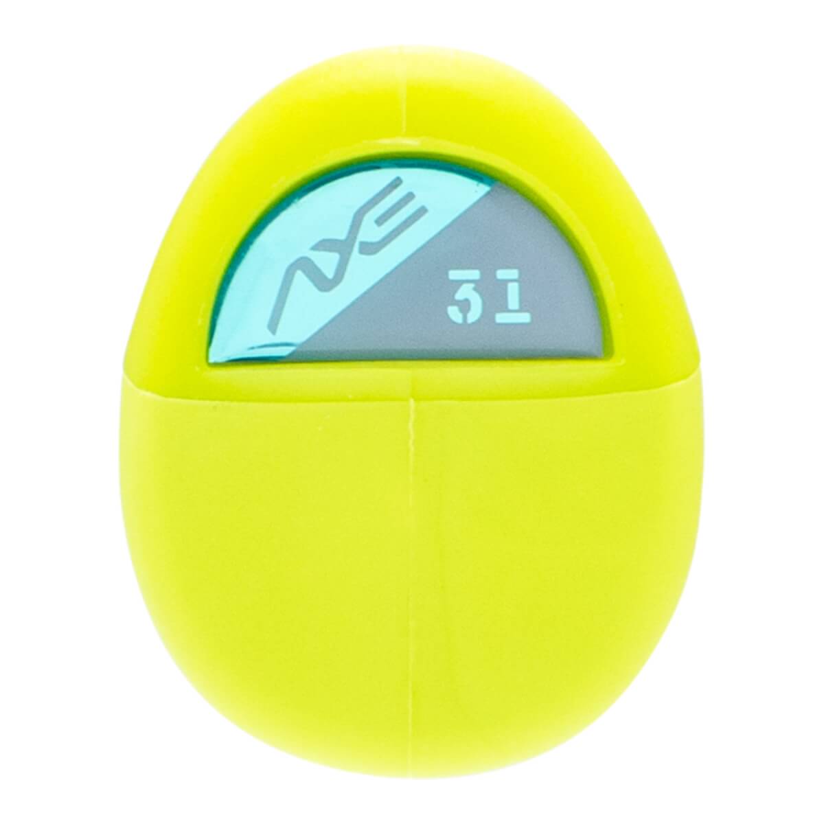 Close-up of a neon yellow bat end cap with a light blue and gray insert showing the AXE logo and number 31.