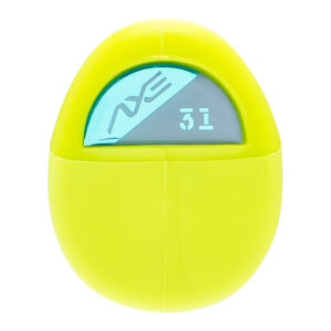 Close-up of a neon yellow bat end cap with a light blue and gray insert showing the AXE logo and number 31.