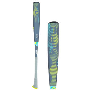 Full view and barrel close-up of a grey baseball bat with yellow and blue wavy RIPL design and light grey grip.