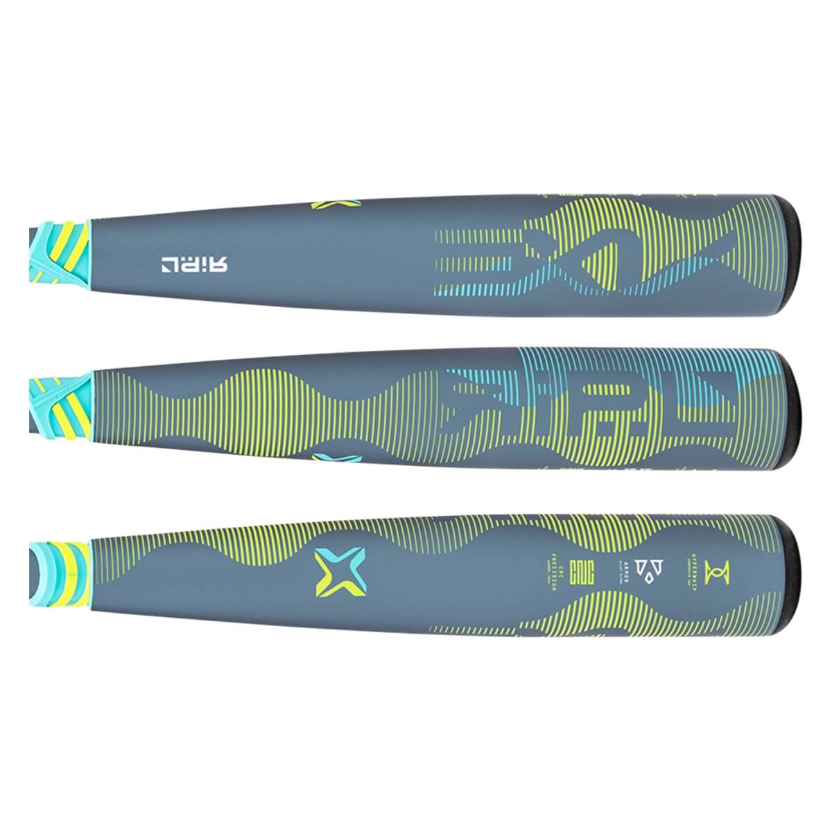 Multiple views of a gray baseball bat with yellow and teal wavy patterns and AXE RIPL branding.
