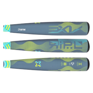 Multiple views of a gray baseball bat with yellow and teal wavy patterns and AXE RIPL branding.