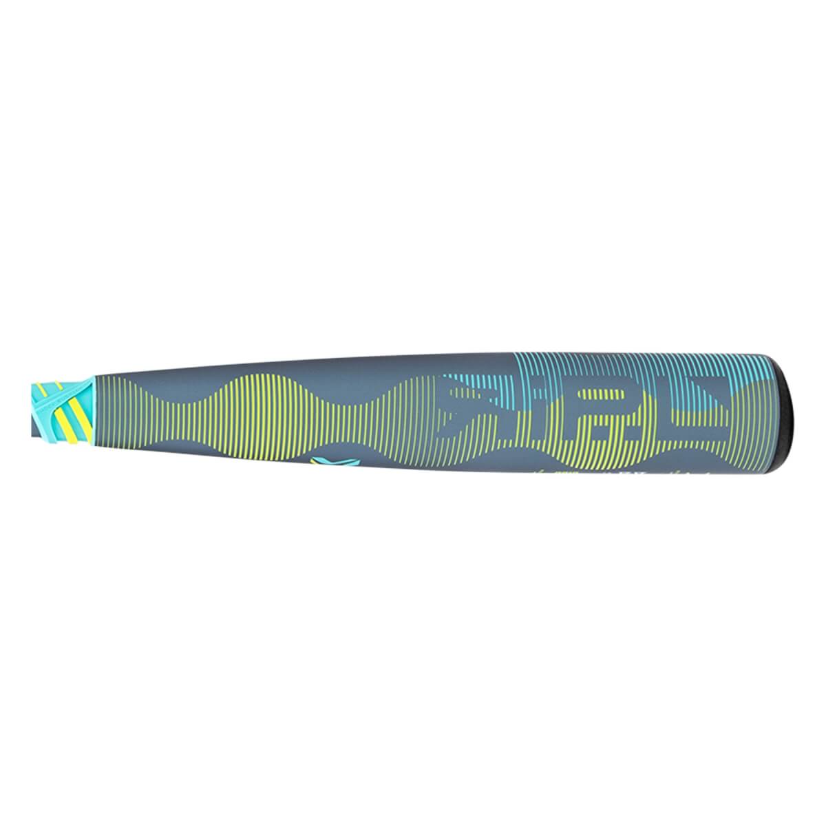 Side view of a dark gray baseball bat with neon yellow and light blue wavy patterns, RIPL text, and a black end cap.