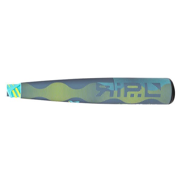 Side view of a dark gray baseball bat with neon yellow and light blue wavy patterns, RIPL text, and a black end cap.