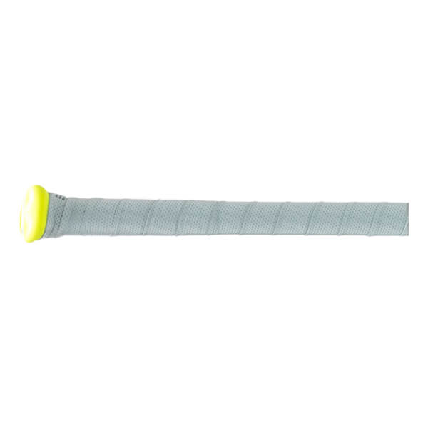 Side view of a light gray baseball bat handle with a bright yellow knob and perforated grip tape.