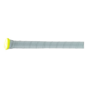 Side view of a light gray baseball bat handle with a bright yellow knob and perforated grip tape.