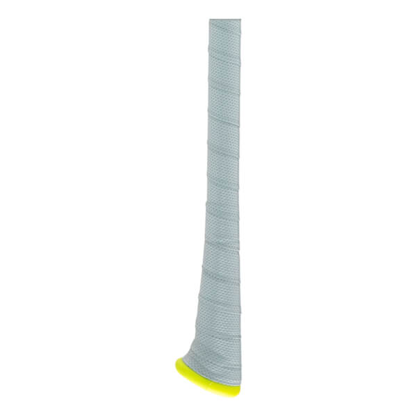 Close-up of a light gray baseball bat grip with a textured spiral wrap and a bright yellow knob.