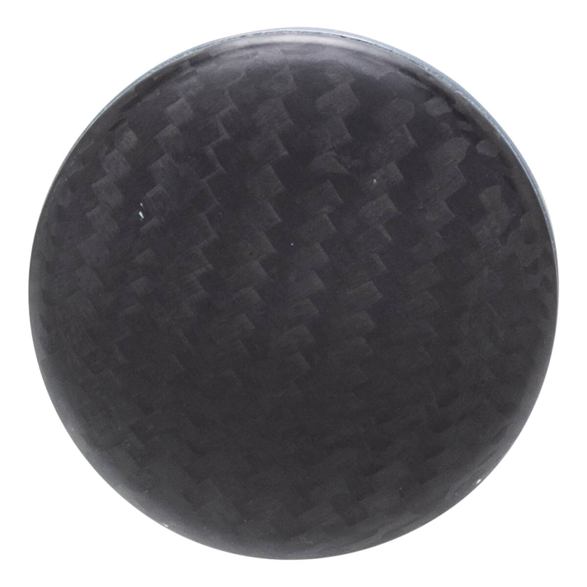 Top-down view of a dark gray circular baseball bat end cap with a carbon fiber woven pattern.