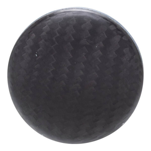 Top-down view of a dark gray circular baseball bat end cap with a carbon fiber woven pattern.