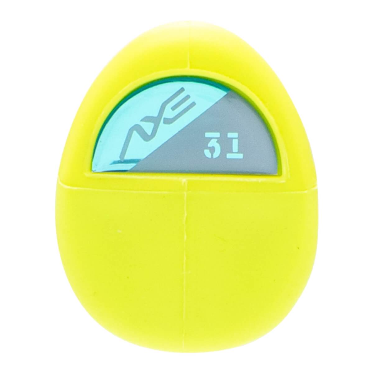 Close-up of a bright yellow bat end cap with a blue AXE logo and the number 31 on an inset semi-circle.