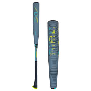 Side view of a grey baseball bat with yellow and teal "Axe" branding and a black grip.