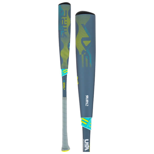 Front view of a baseball bat with blue, yellow, and grey abstract patterns, and "USA BASEBALL" text.