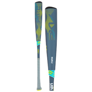 Front view of a baseball bat with blue, yellow, and grey abstract patterns, and "USA BASEBALL" text.