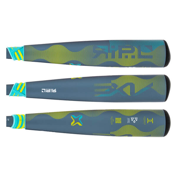 Top-down view of three baseball bats with blue, yellow, and teal wave patterns and "AIRL" branding.