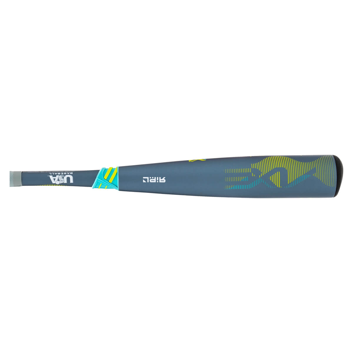 Side view of a grey baseball bat with "USA BASEBALL" and "AIRL" logos, featuring yellow and teal wave graphics.