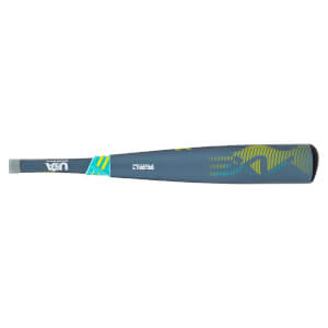 Side view of a grey baseball bat with "USA BASEBALL" and "AIRL" logos, featuring yellow and teal wave graphics.