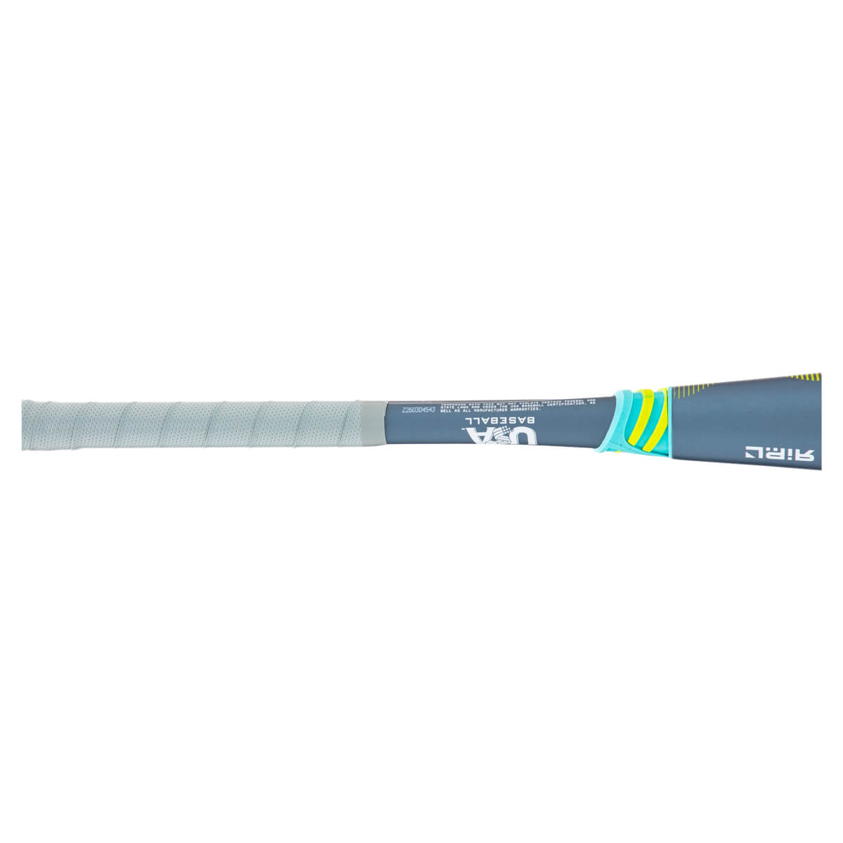 Side view of a baseball bat with a light grey grip, "USA BASEBALL" text, and a blue, yellow, and teal accent band.