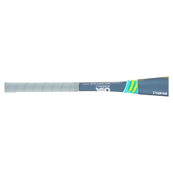 Side view of a baseball bat with a light grey grip, "USA BASEBALL" text, and a blue, yellow, and teal accent band.