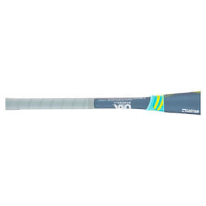 Side view of a baseball bat with a light grey grip, "USA BASEBALL" text, and a blue, yellow, and teal accent band.