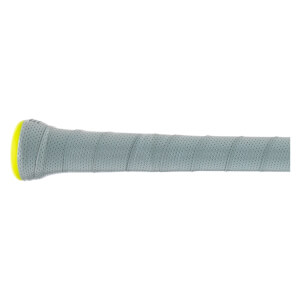 Side view of a gray perforated grip with a yellow end cap.