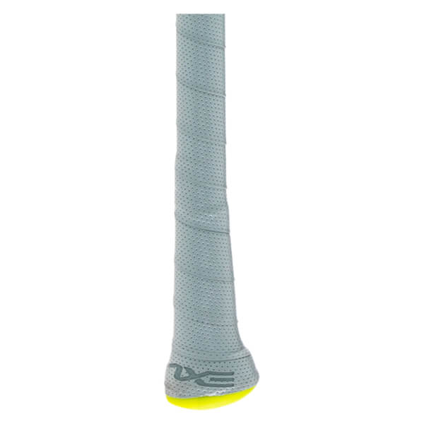 Bottom view of a light gray grip with a yellow cap and a gray logo.