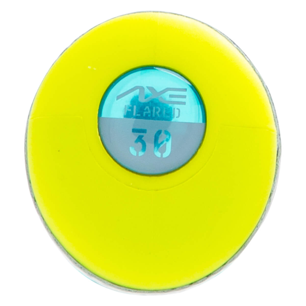 Top-down view of a yellow baseball bat end cap with "AXE FLARED 30" visible.