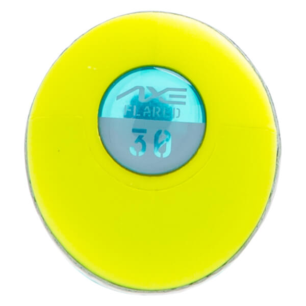 Top-down view of a yellow baseball bat end cap with "AXE FLARED 30" visible.
