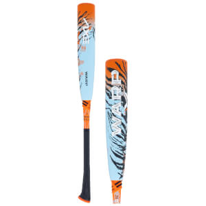 Side view of a baseball bat with light blue and orange tiger stripes, showing the "WARP" logo.