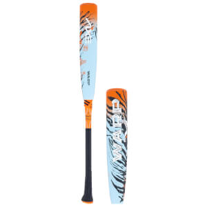 Side view of a baseball bat with a light blue barrel, orange accents, and tiger stripe graphics.