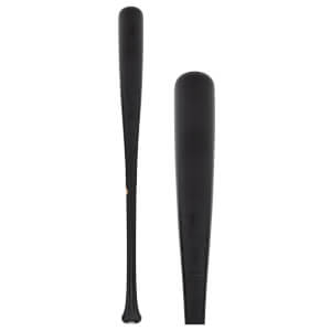 Side view of a black baseball bat with a smooth finish and tapered handle.