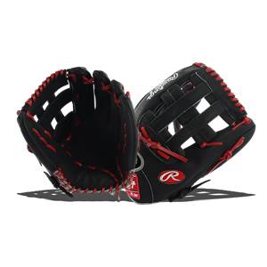 Side view of a black baseball glove with red lacing and a red Rawlings logo.