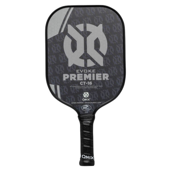 Front view of a black pickleball paddle with EVOKE PREMIER CT-16 text and a large grey logo.