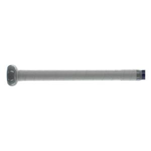 Side view of a gray fastpitch softball bat with a textured grip and dark blue end cap.