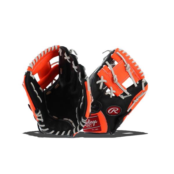 Front view of black and orange baseball gloves with white stitching and Rawlings branding.