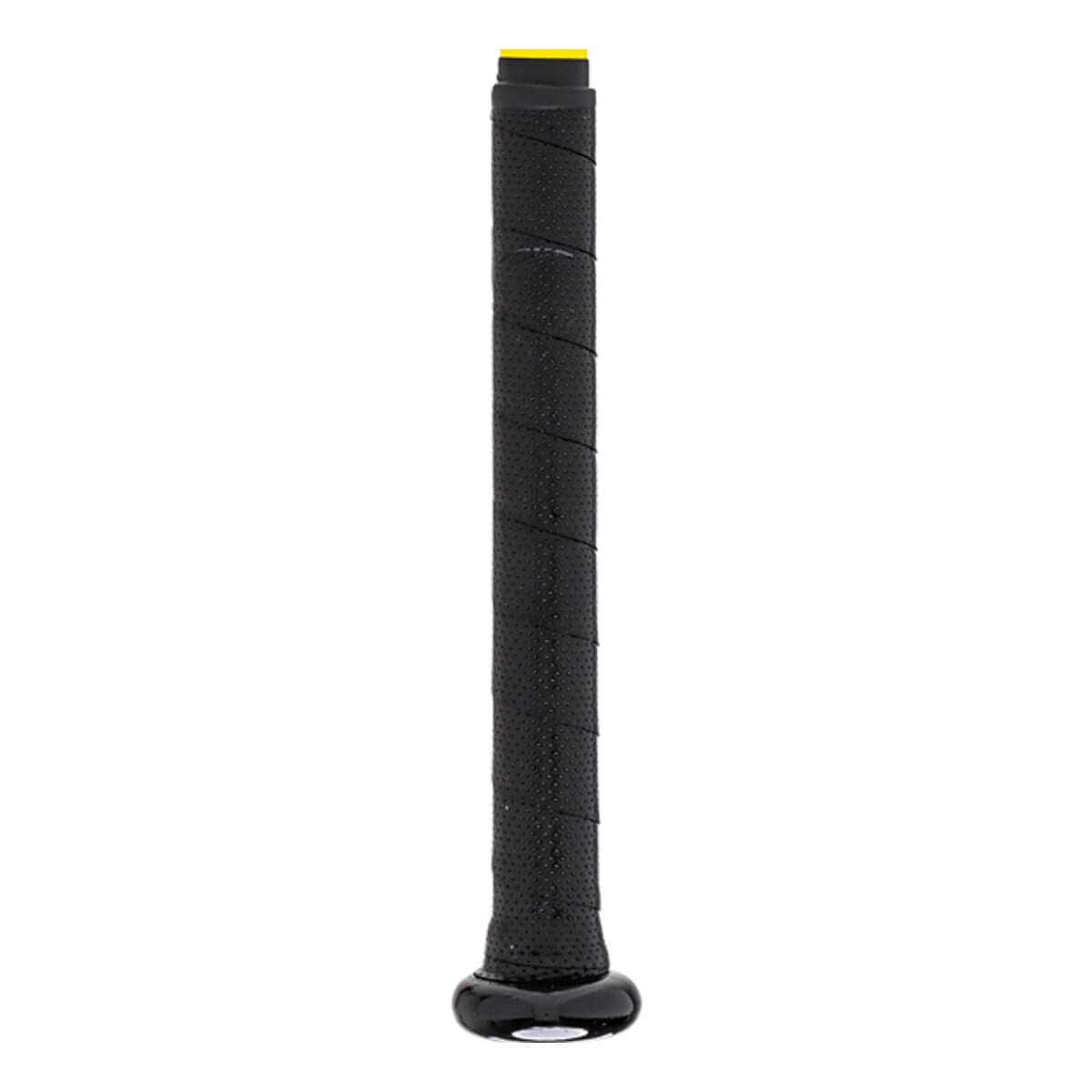 Close-up of a black baseball bat grip with yellow accents and a textured surface.
