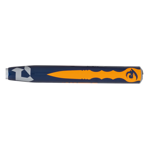 Side view of a blue softball bat with orange graphics and a stylized eye design.