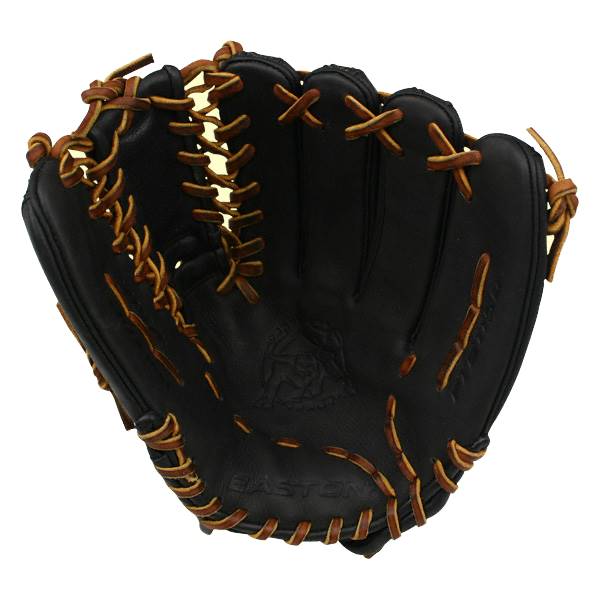 Front view of a black baseball glove with tan lacing and EASTON text.