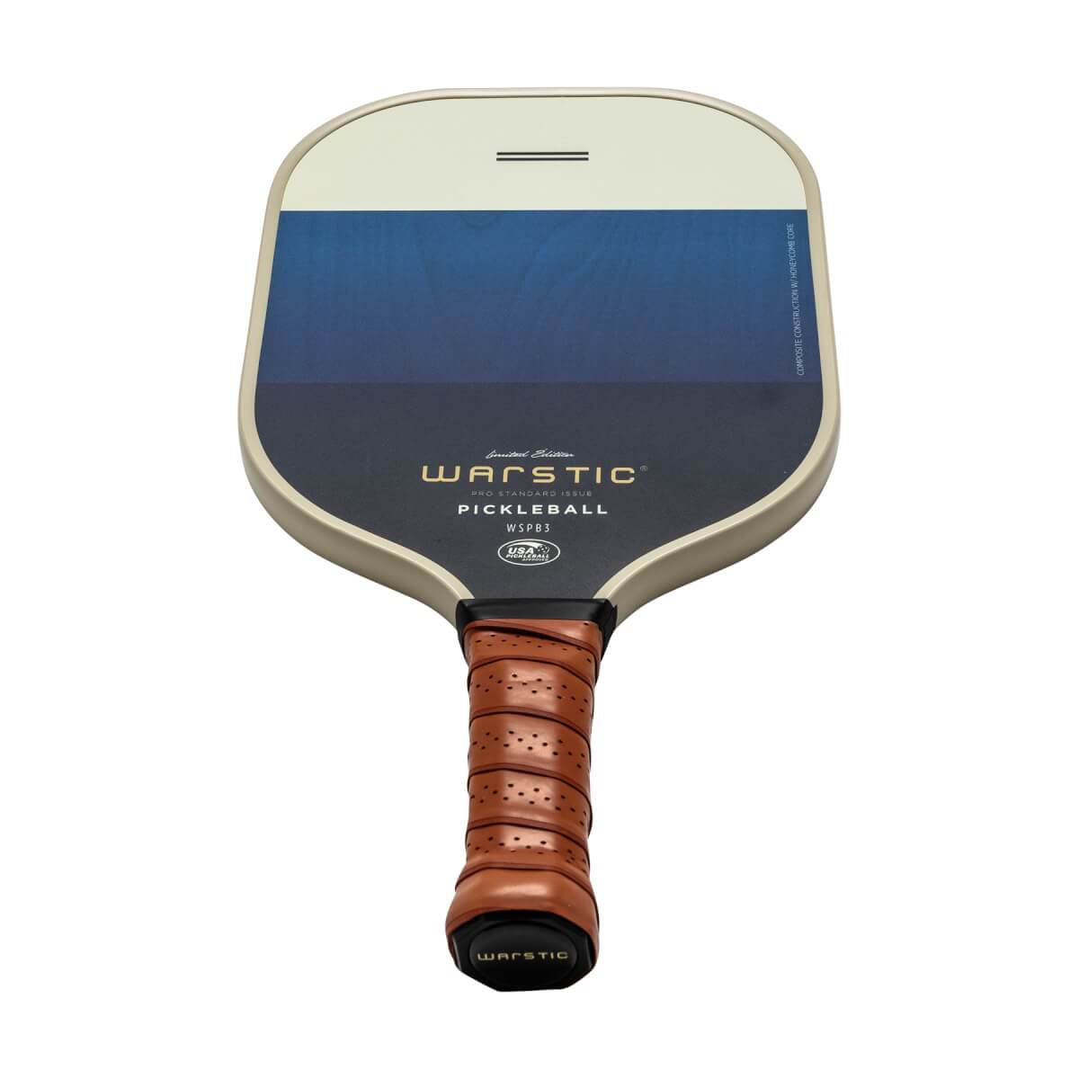 Front view of a cream and blue pickleball paddle with WARSTIC PICKLEBALL text and a brown perforated grip.