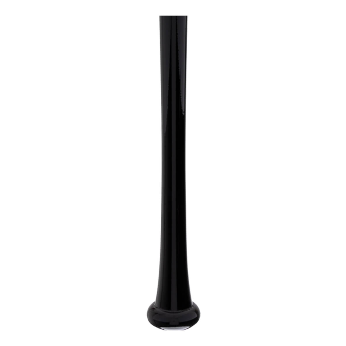 Full view of a glossy black baseball bat with a rounded knob and smooth, tapering profile.