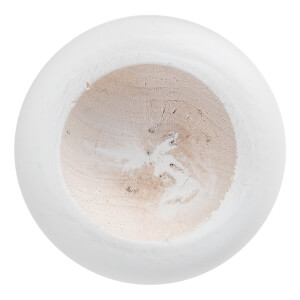 Top-down view of a white baseball bat with a hollowed barrel end revealing textured natural wood inside.