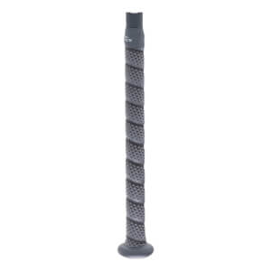 Close-up side view of a dark gray bat handle with a textured diamond-patterned grip and a rounded knob.