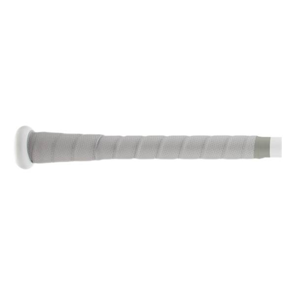 Side view of a gray baseball bat with a white end cap and textured grip.