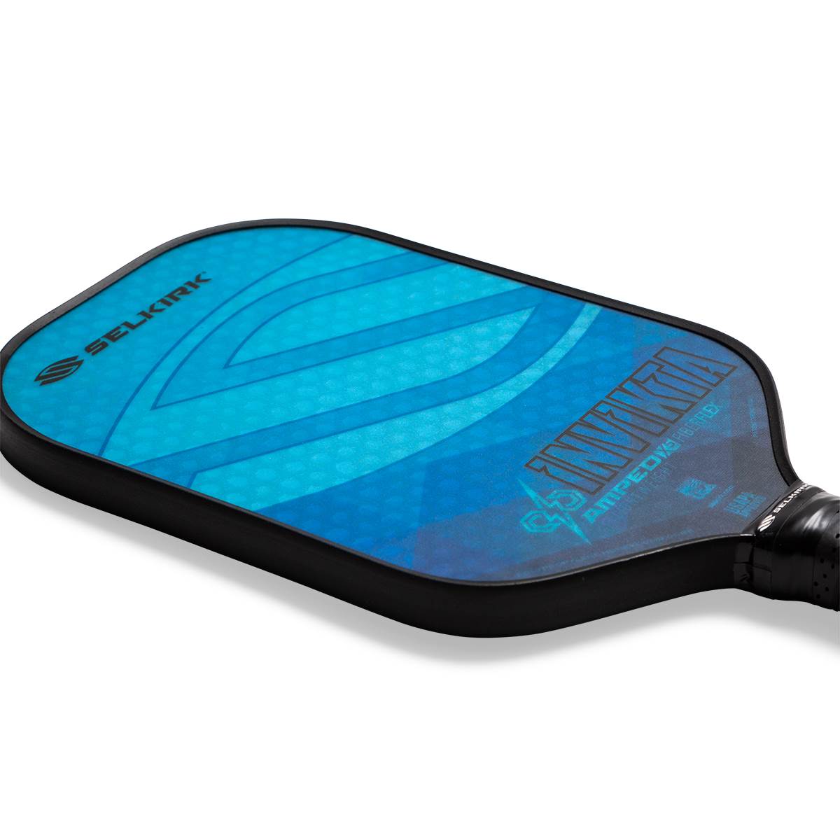 Corner view of a blue pickleball paddle with Selkirk branding and INVIKTA AMPED text.