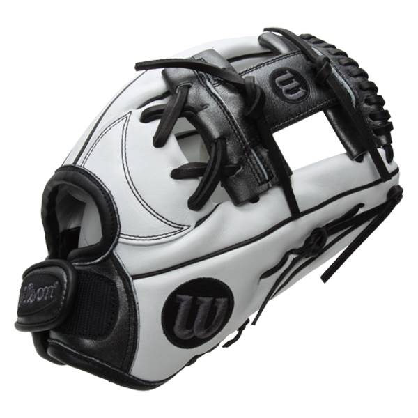 Side view of a white and black baseball glove with black laces and a Wilson logo.